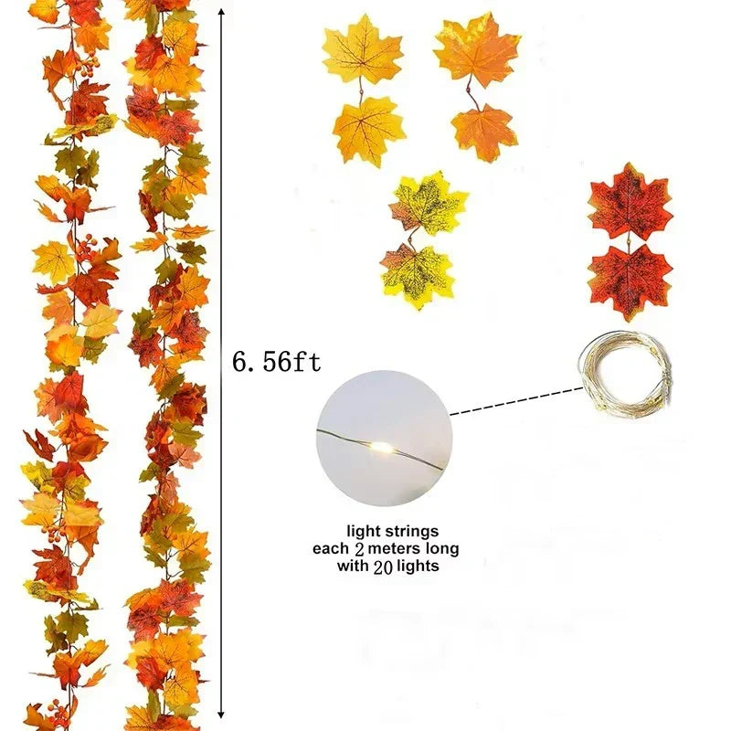 Guirnalda de hojas de otoño con hojas de arce artificiales, 2 metros, hojas de tela y plástico de 9-10 cm para puertas, 