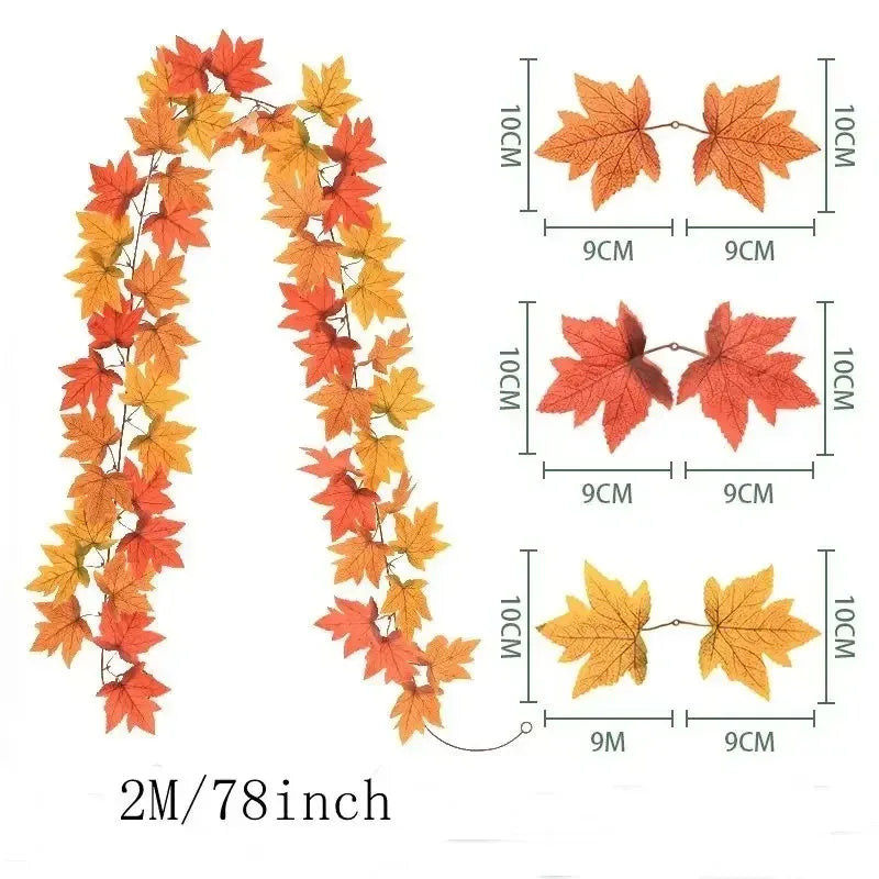 Guirnalda de hojas de otoño con hojas de arce artificiales, 2 metros, hojas de tela y plástico de 9-10 cm para puertas, 
