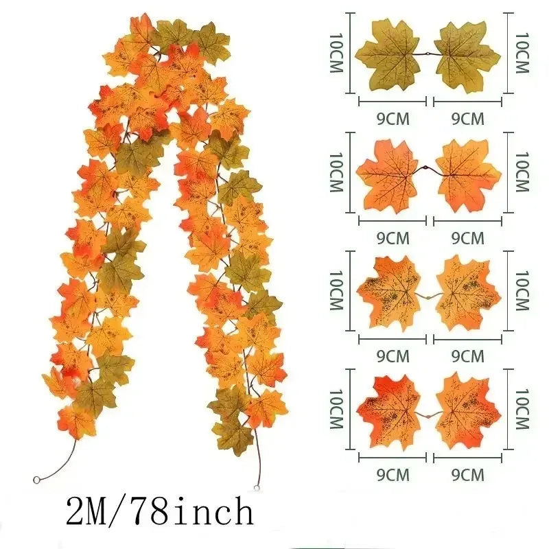 Guirnalda de hojas de otoño con hojas de arce artificiales, 2 metros, hojas de tela y plástico de 9-10 cm para puertas, 