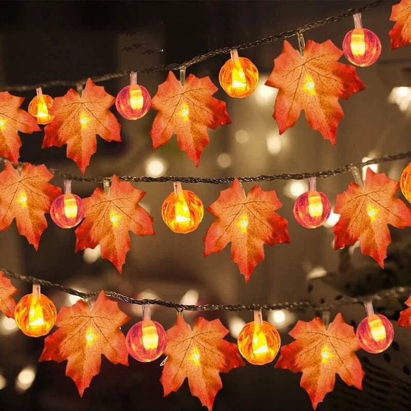 Guirnalda de luces LED con hojas de arce otoñales a pilas para decoración de Halloween, Acción de Gracias y dormitorio