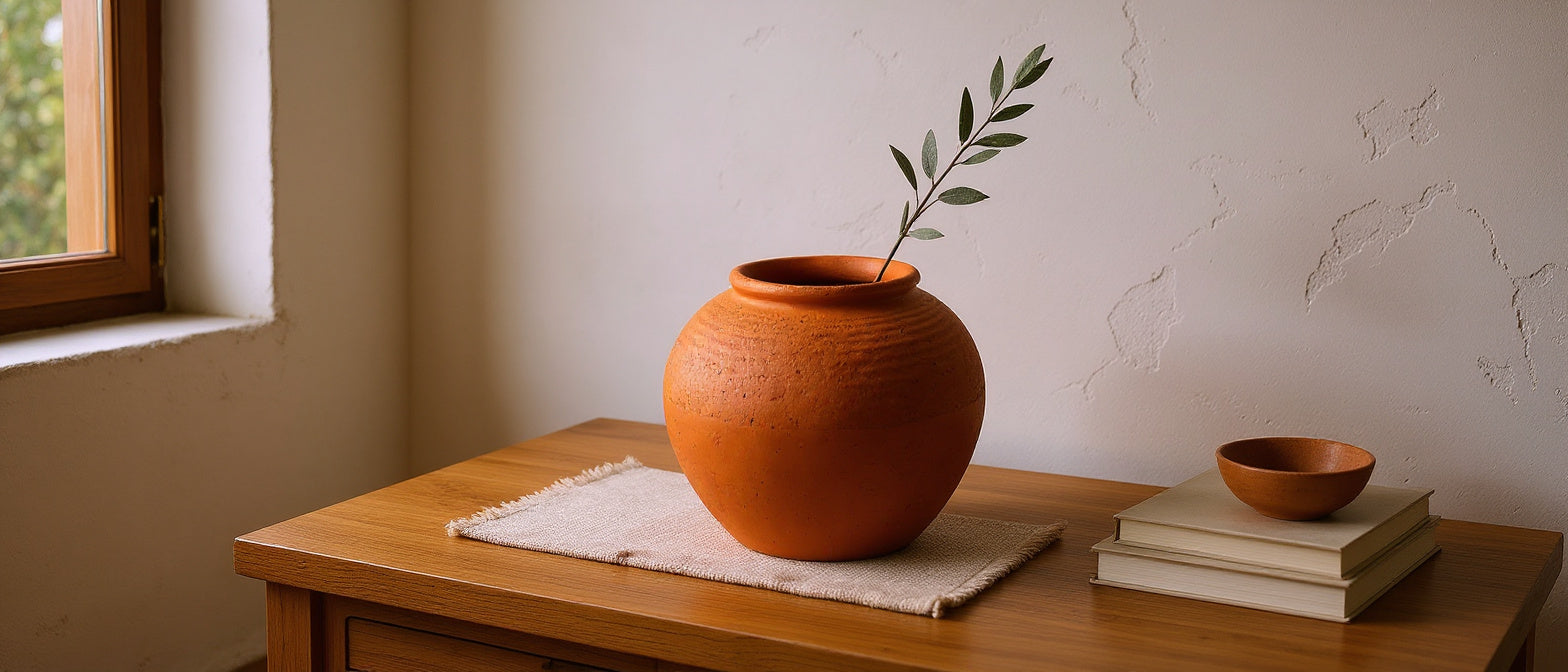 Salón mediterráneo español con jarrón cerámico terracota Tiendalodama sobre mesa de madera