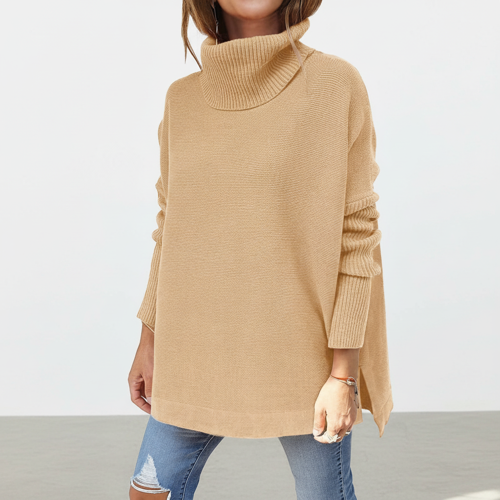 Jersey de cuello vuelto para mujer, punto oversize con mangas acanaladas y aberturas laterales, 9 colores, tallas S a 2X