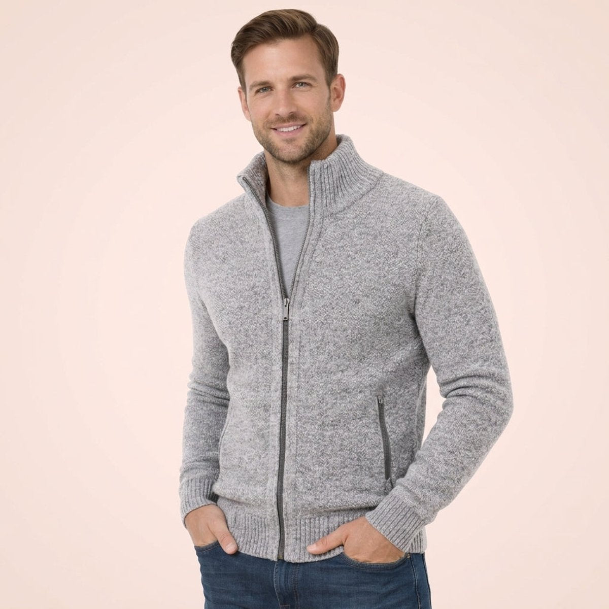 Jersey de lana merina con cremallera completa y cuello alto para hombre