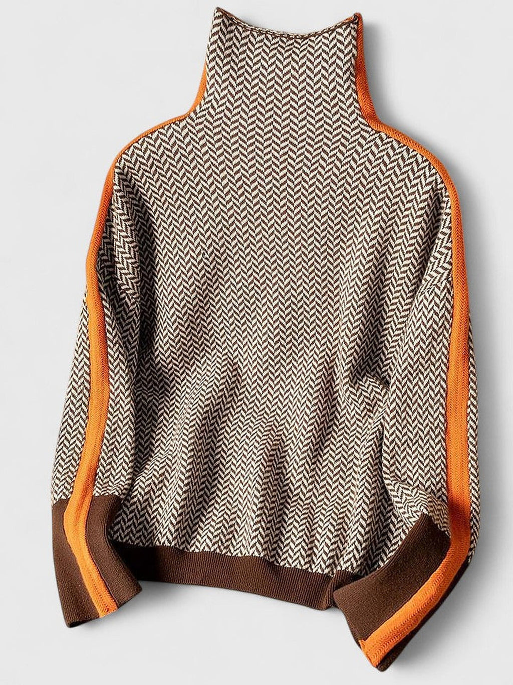 Jersey de mujer con cuello alto y patrón de espiga con rayas de contraste en las mangas