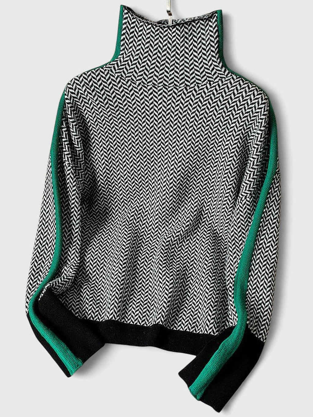 Jersey de mujer con cuello alto y patrón de espiga con rayas de contraste en las mangas