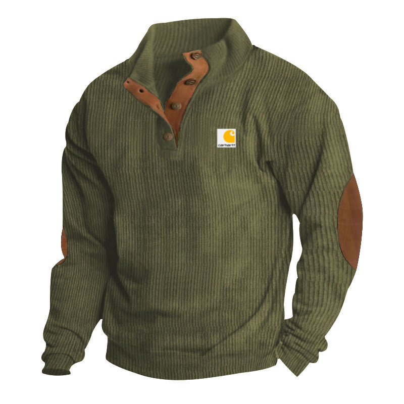 Jersey de punto para hombre con cuello alto, tapeta de botones de presión, ribetes de piel y coderas