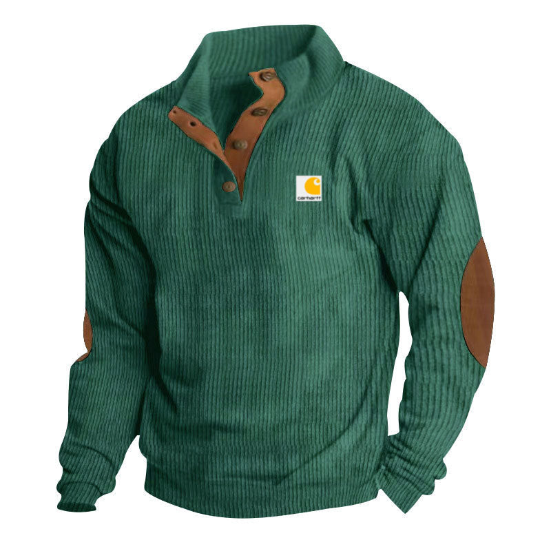 Jersey de punto para hombre con cuello alto, tapeta de botones de presión, ribetes de piel y coderas