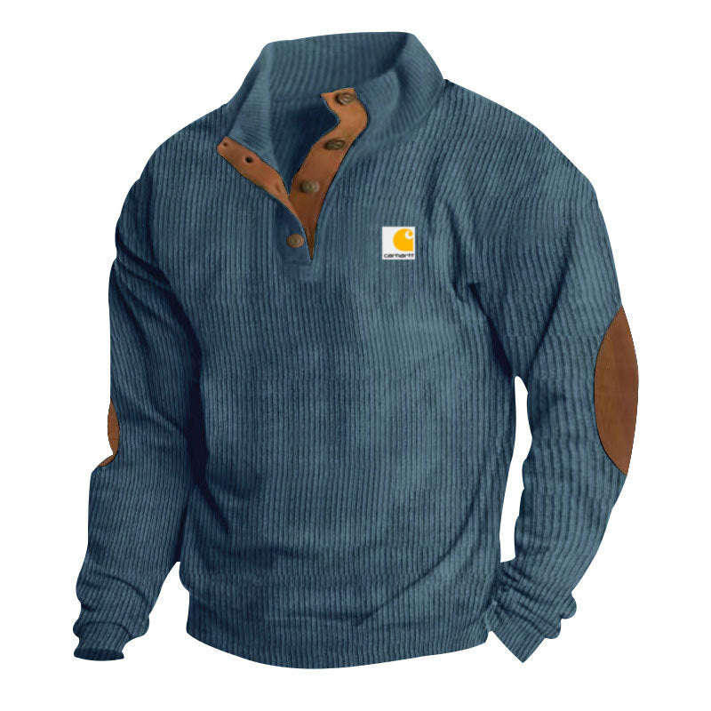 Jersey de punto para hombre con cuello alto, tapeta de botones de presión, ribetes de piel y coderas