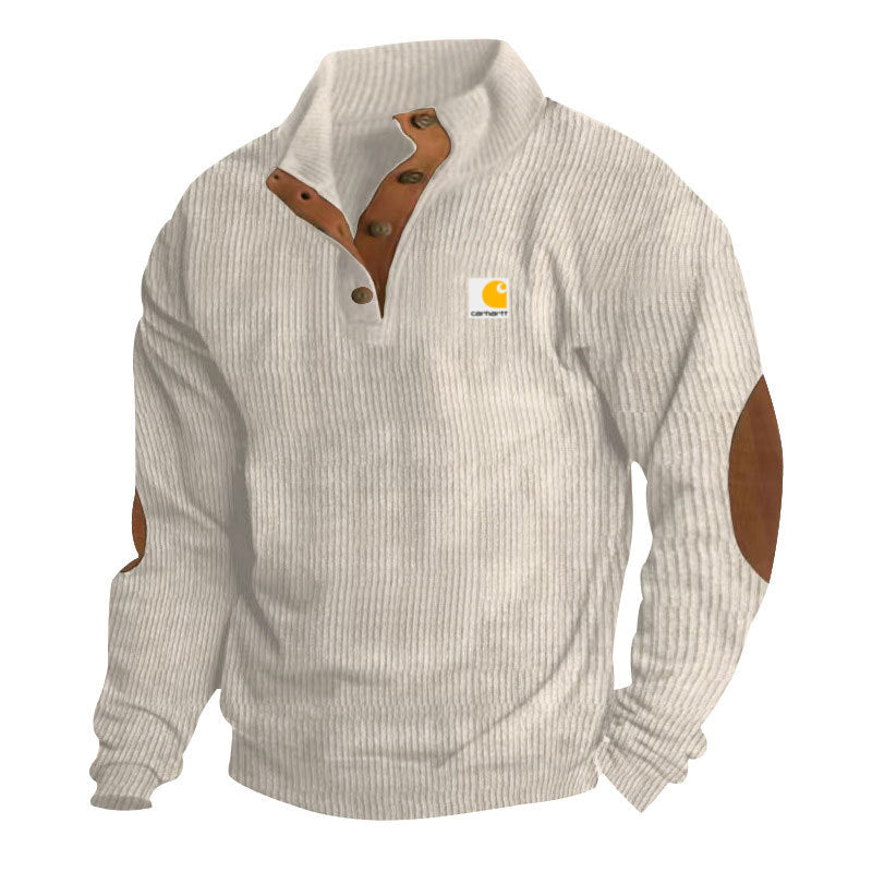 Jersey de punto para hombre con cuello alto, tapeta de botones de presión, ribetes de piel y coderas