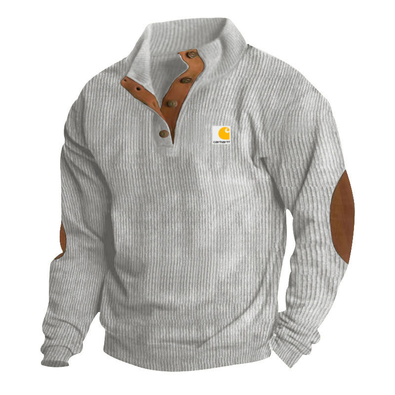 Jersey de punto para hombre con cuello alto, tapeta de botones de presión, ribetes de piel y coderas