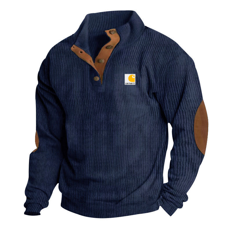 Jersey de punto para hombre con cuello alto, tapeta de botones de presión, ribetes de piel y coderas