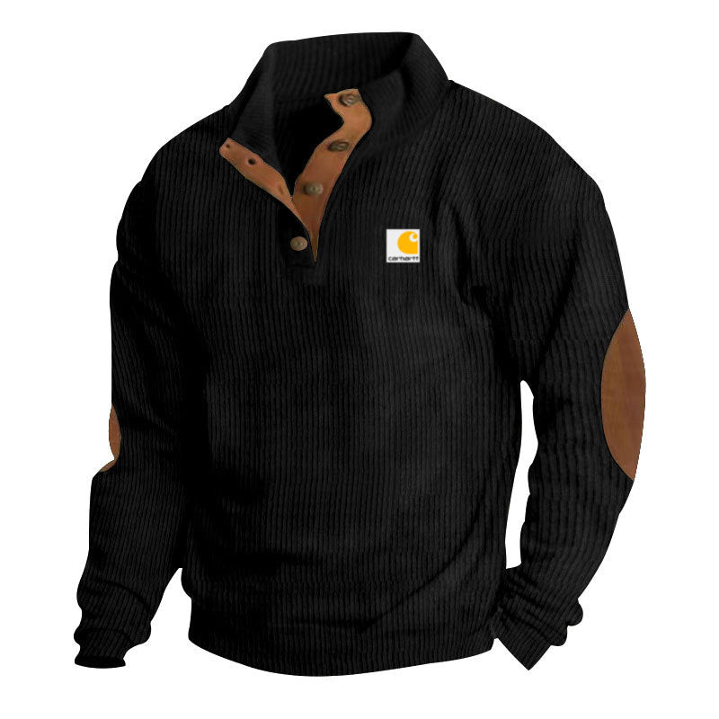 Jersey de punto para hombre con cuello alto, tapeta de botones de presión, ribetes de piel y coderas