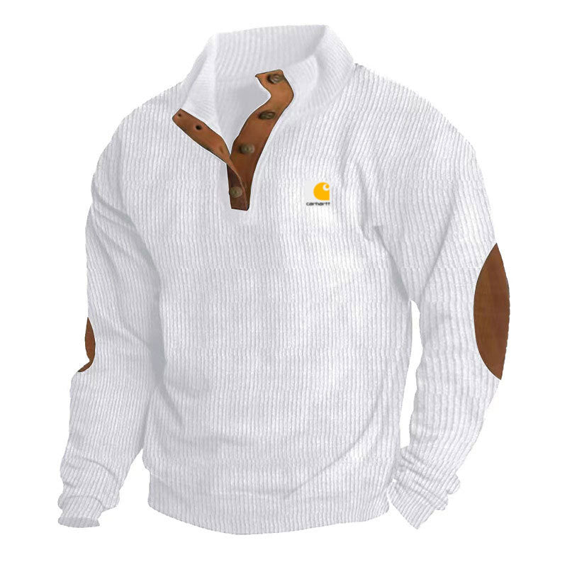Jersey de punto para hombre con cuello alto, tapeta de botones de presión, ribetes de piel y coderas