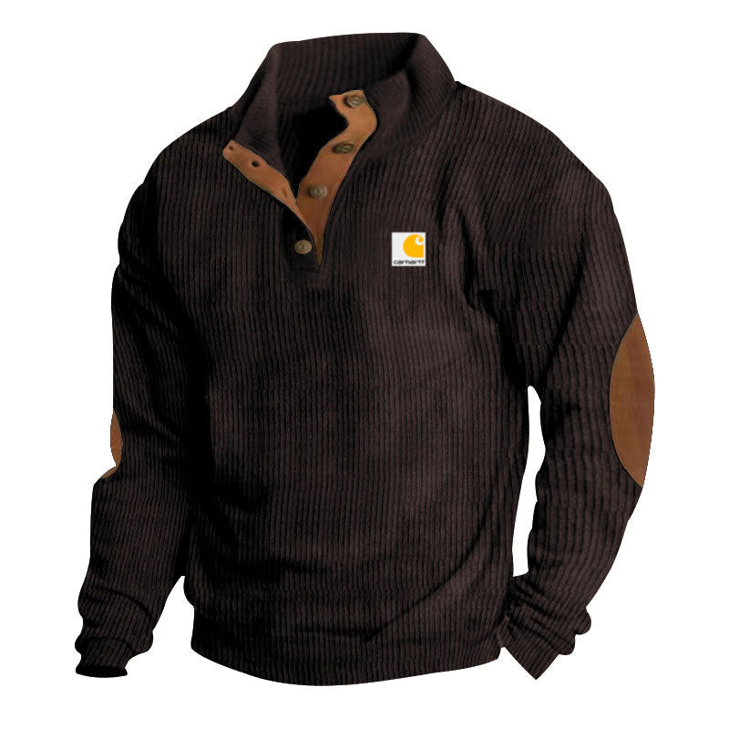 Jersey de punto para hombre con cuello alto, tapeta de botones de presión, ribetes de piel y coderas