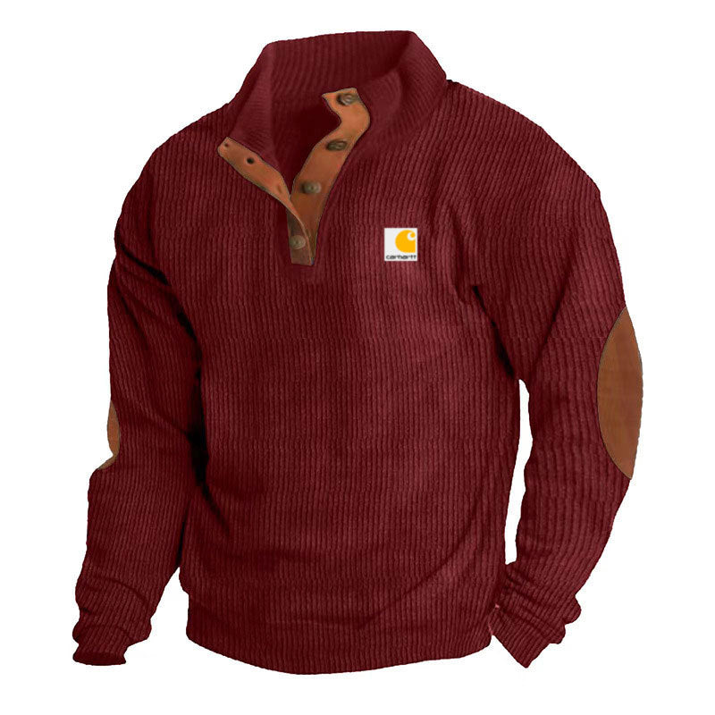 Jersey de punto para hombre con cuello alto, tapeta de botones de presión, ribetes de piel y coderas