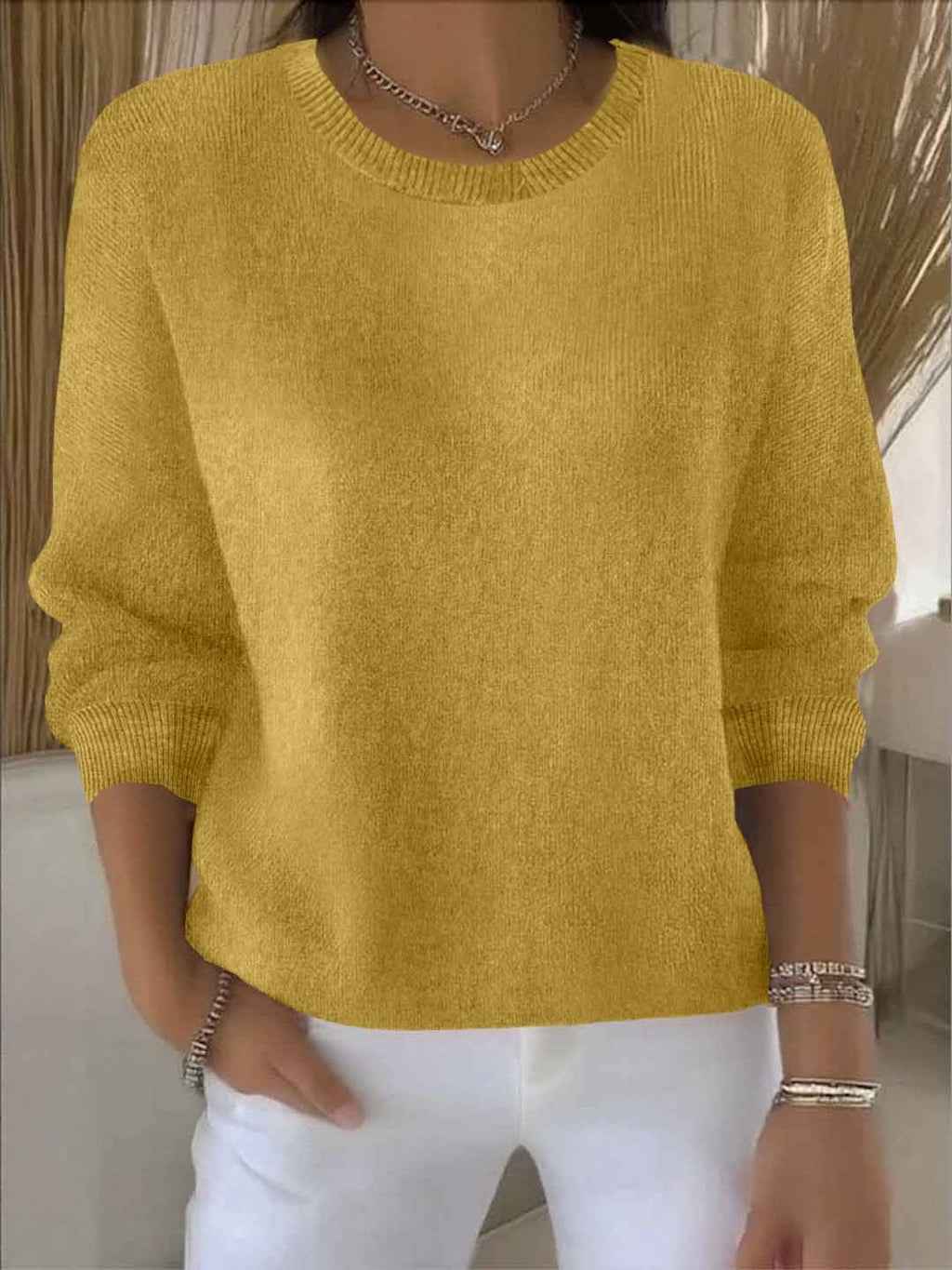 Jersey de punto para mujer con cuello redondo y ribete acanalado