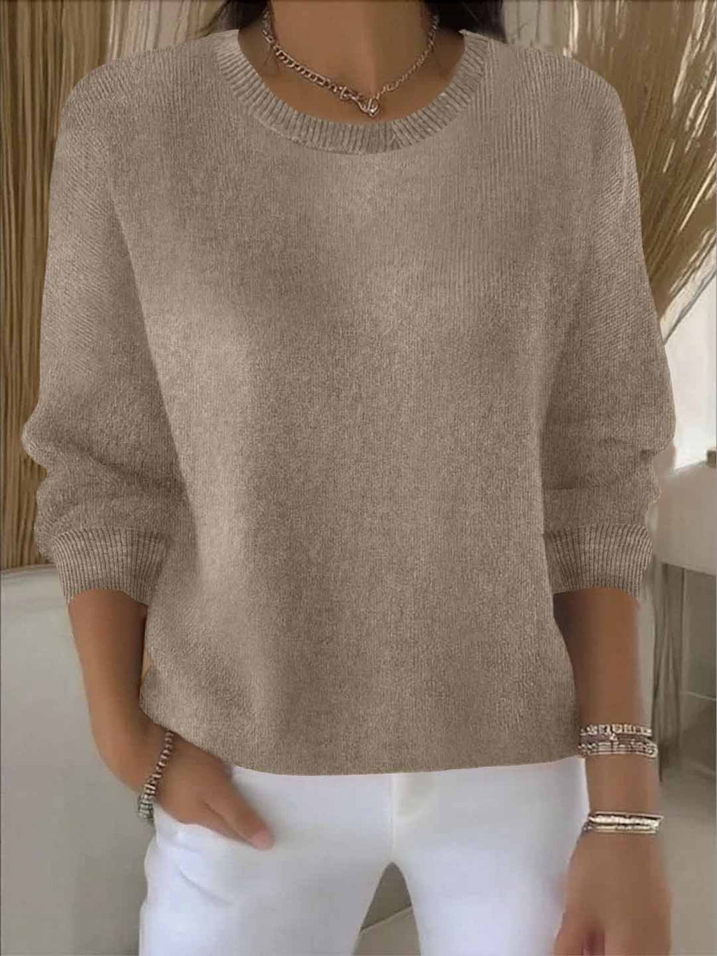 Jersey de punto para mujer con cuello redondo y ribete acanalado