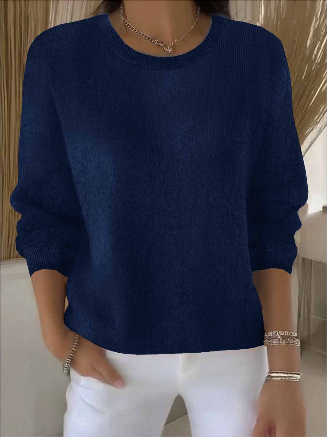 Jersey de punto para mujer con cuello redondo y ribete acanalado