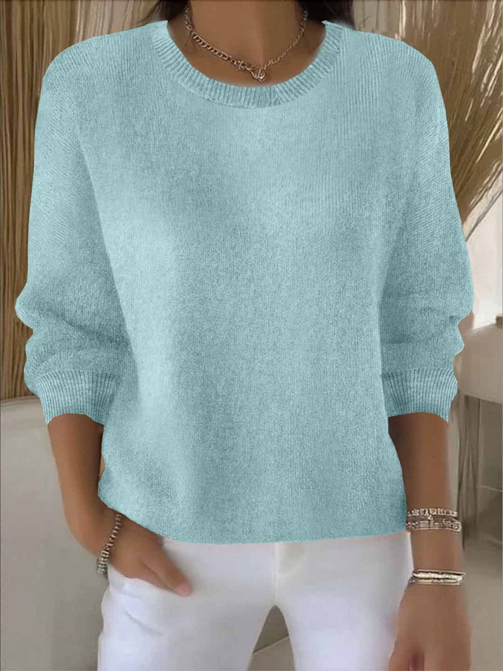 Jersey de punto para mujer con cuello redondo y ribete acanalado