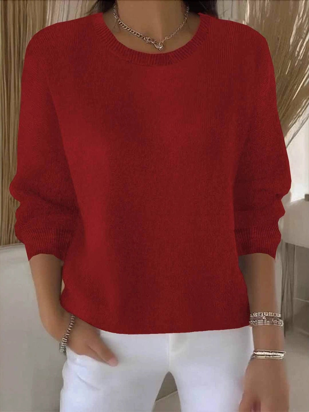 Jersey de punto para mujer con cuello redondo y ribete acanalado