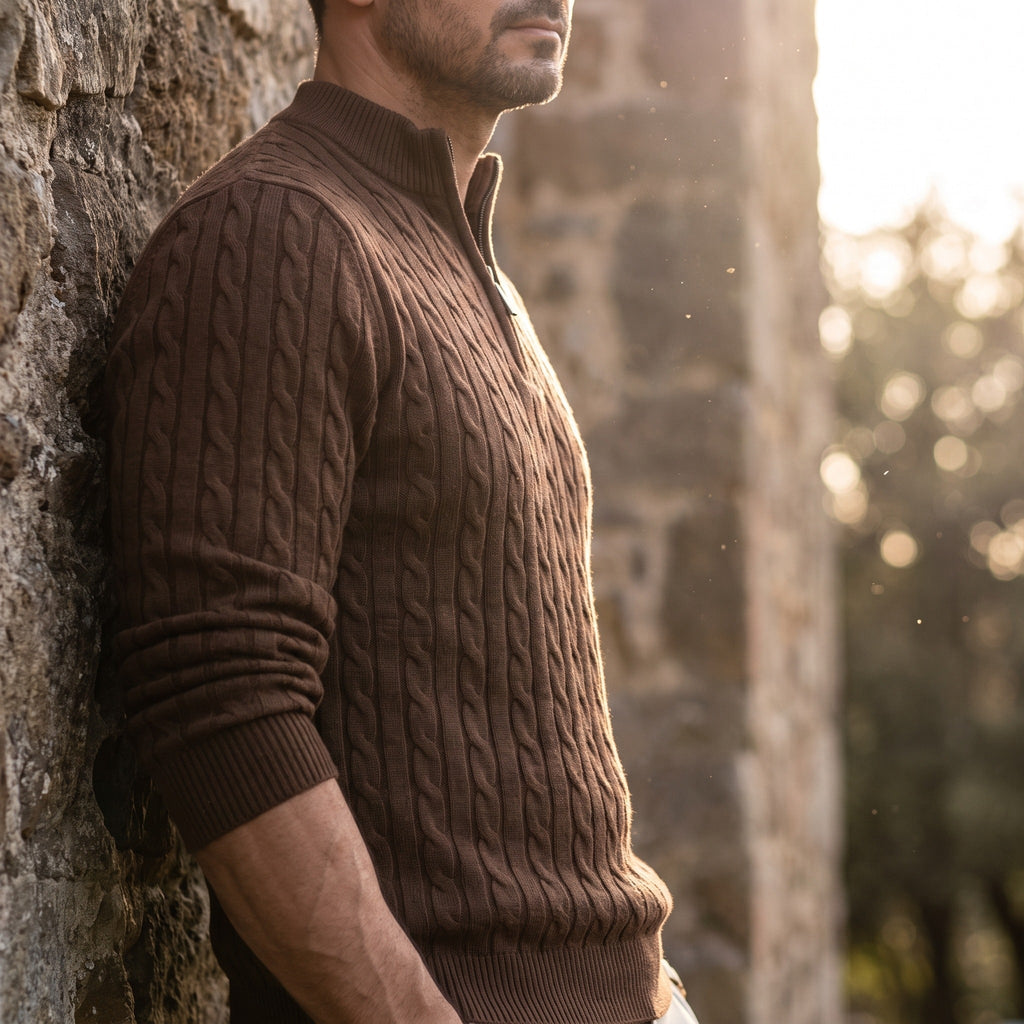 Jersey de Punto Trenzado con Media Cremallera y Cuello Alto para Hombre