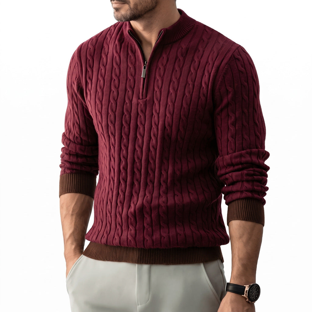 Jersey de Punto Trenzado con Media Cremallera y Cuello Alto para Hombre