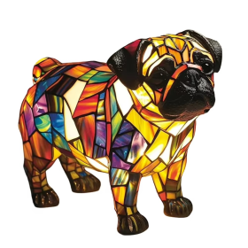 Lámpara de noche perro de cristal emplomado, resina pintada a mano, USB, 17 cm