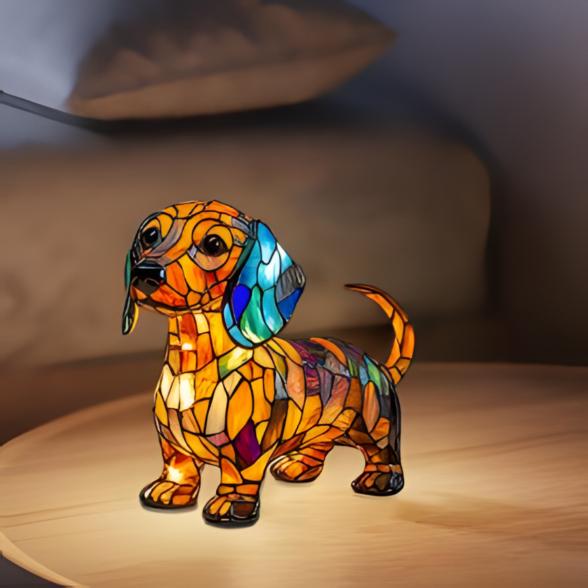Lámpara de noche perro de cristal emplomado, resina pintada a mano, USB, 17 cm