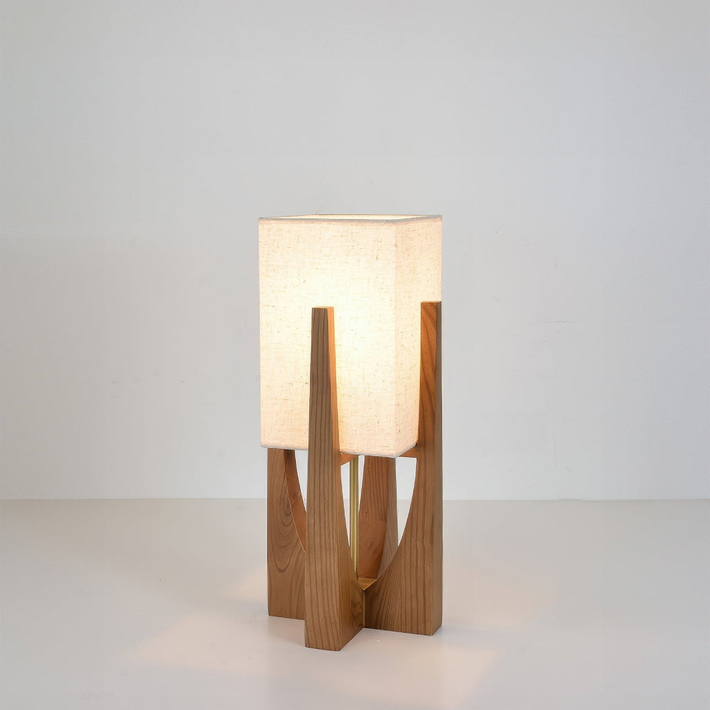 Lámpara de pie Wabi Sabi con pantalla de tela y base de madera para salón