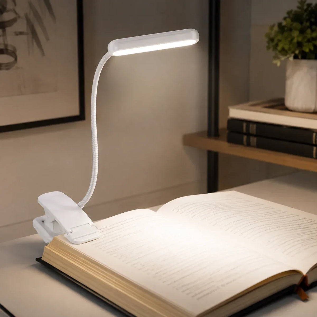 Luz de lectura con pinza | Recargable por USB y cuello flexible