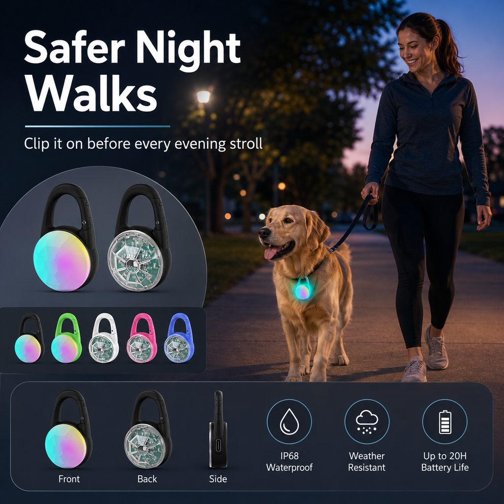 Luz LED de seguridad recargable con clip para perros en paseos nocturnos