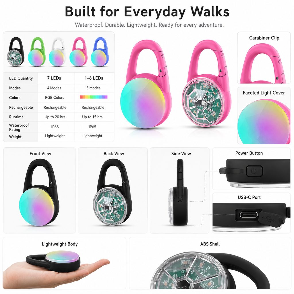 Luz LED de seguridad recargable con clip para perros en paseos nocturnos