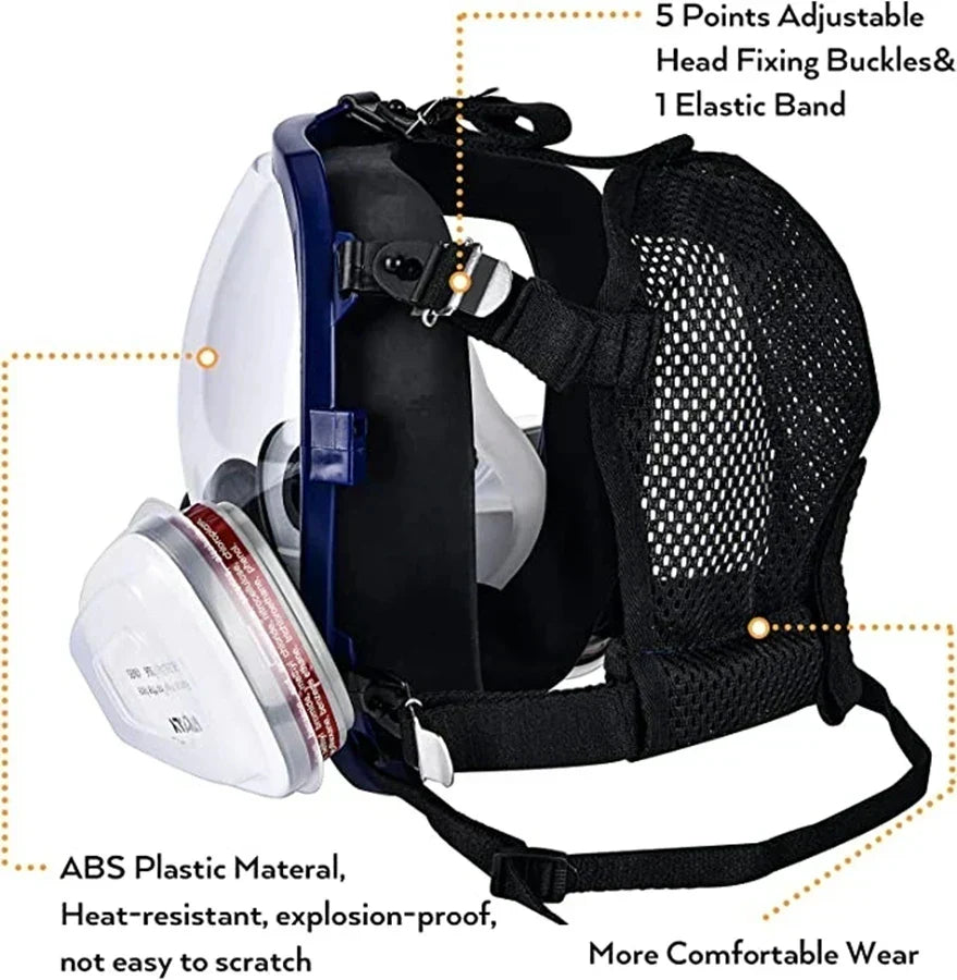 Máscara respiratoria completa con visor transparente y cartuchos de filtro intercambiables