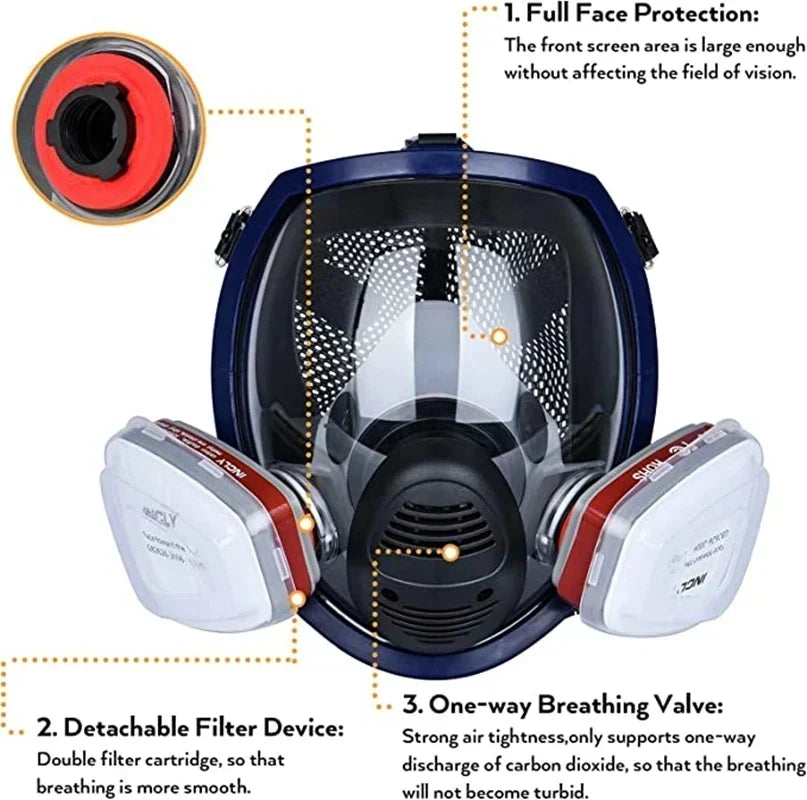 Máscara respiratoria completa con visor transparente y cartuchos de filtro intercambiables