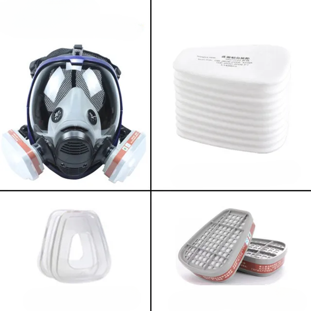 Máscara respiratoria completa con visor transparente y cartuchos de filtro intercambiables