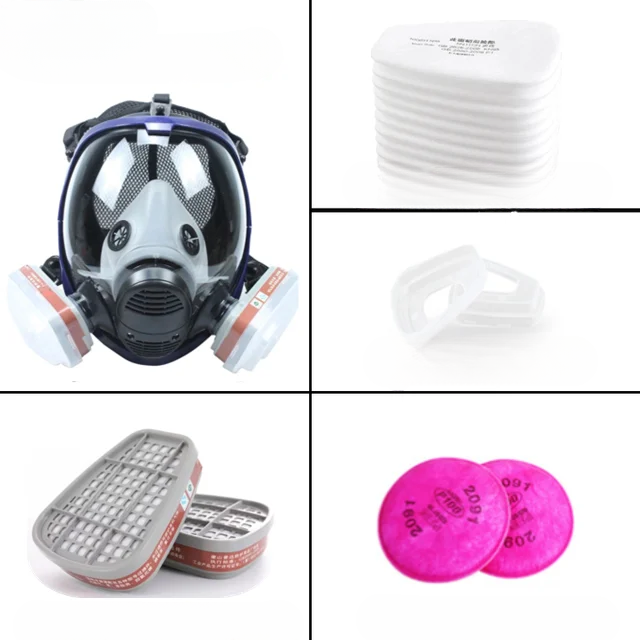 Máscara respiratoria completa con visor transparente y cartuchos de filtro intercambiables