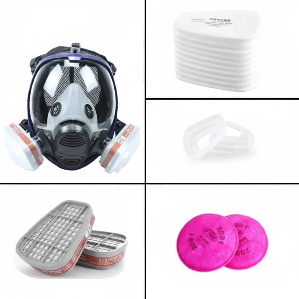 Máscara respiratoria completa con visor transparente y cartuchos de filtro intercambiables