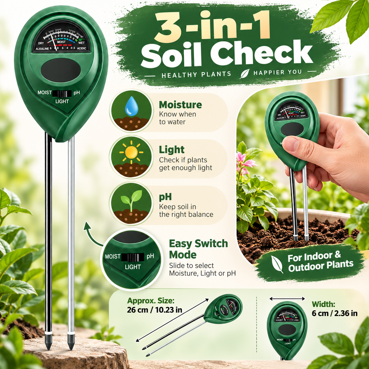 Medidor de humedad de suelo herramienta de jardinería sensor triple