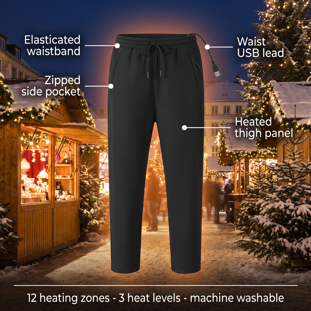Pantalones calefactables con 12 zonas, 3 niveles de calor, USB y bolsillos