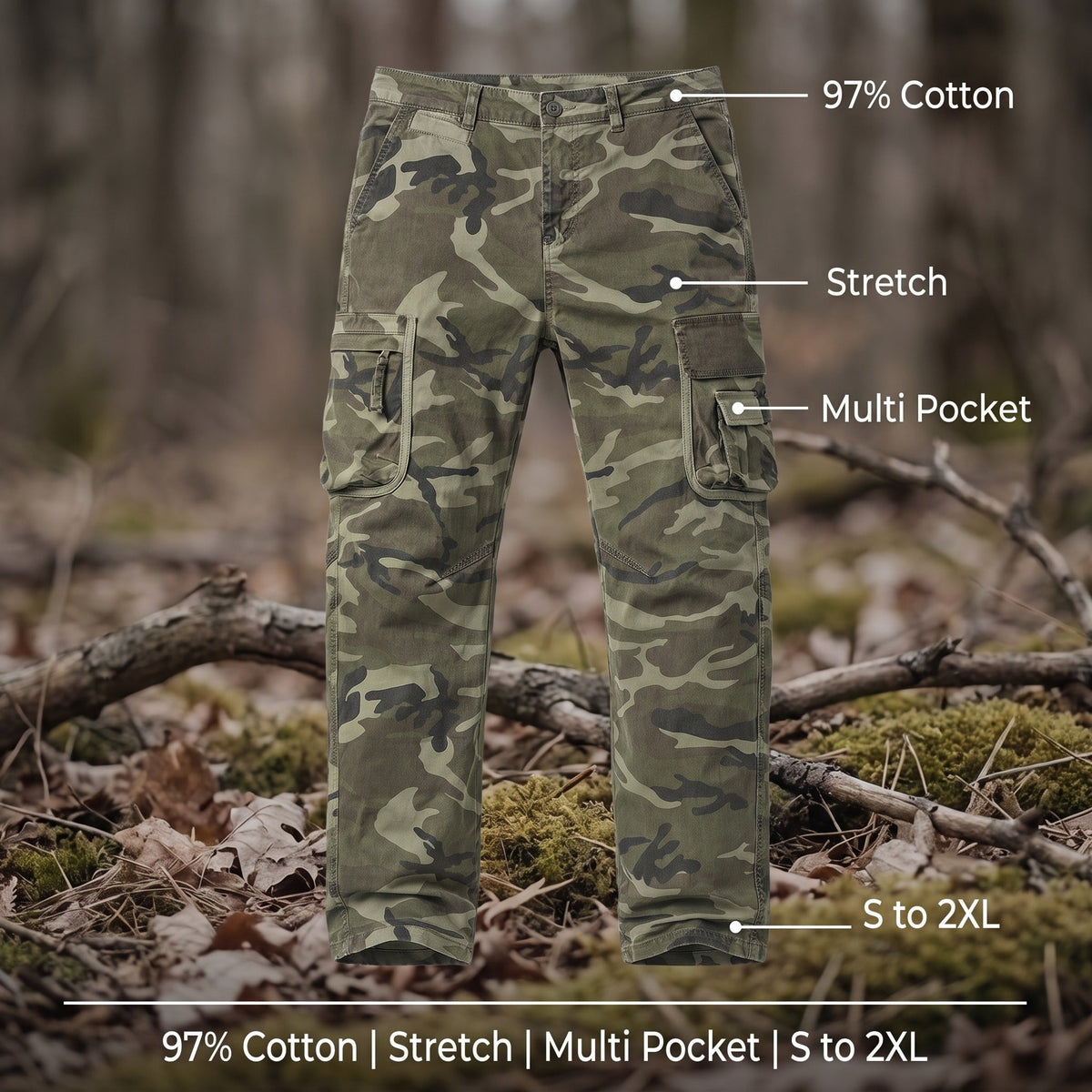 Pantalones cargo de camuflaje para hombre de algodón elástico de pierna recta con bolsillos