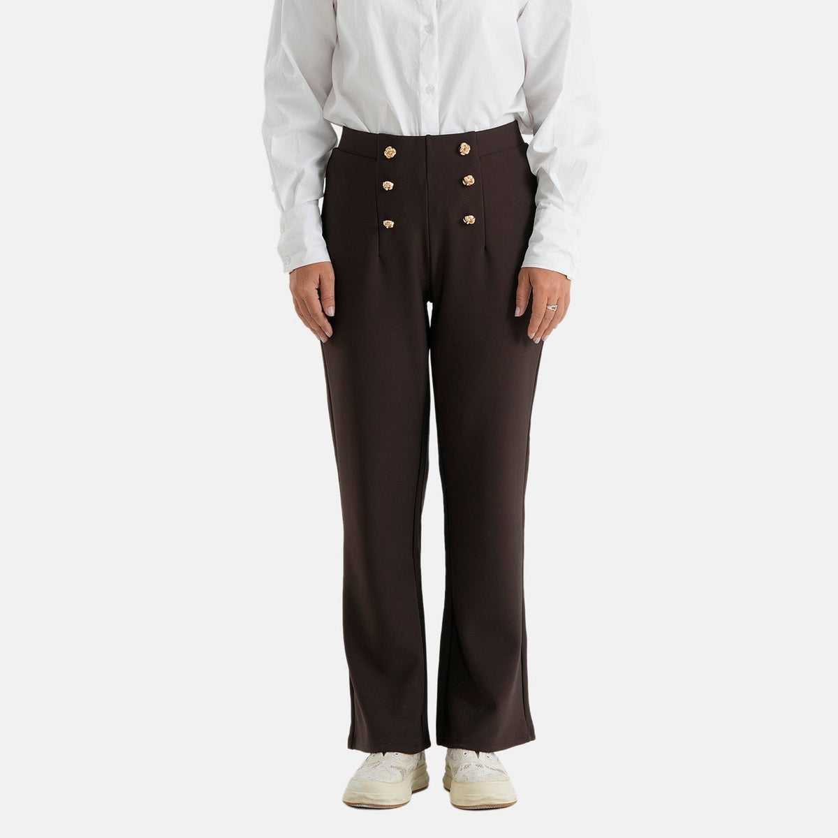 Pantalones de vestir elásticos para mujer con cintura elástica y cierre de botón