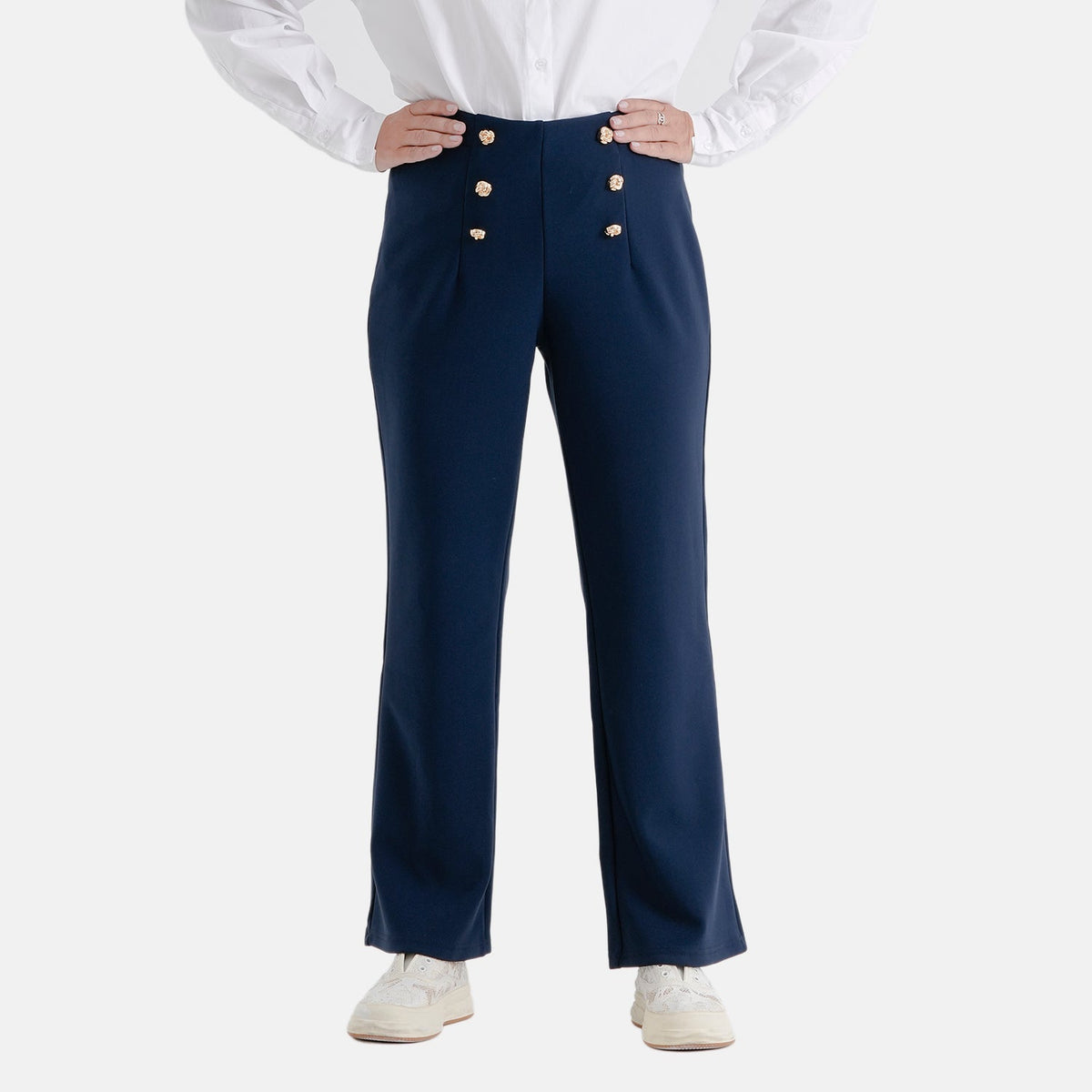Pantalones de vestir elásticos para mujer con cintura elástica y cierre de botón