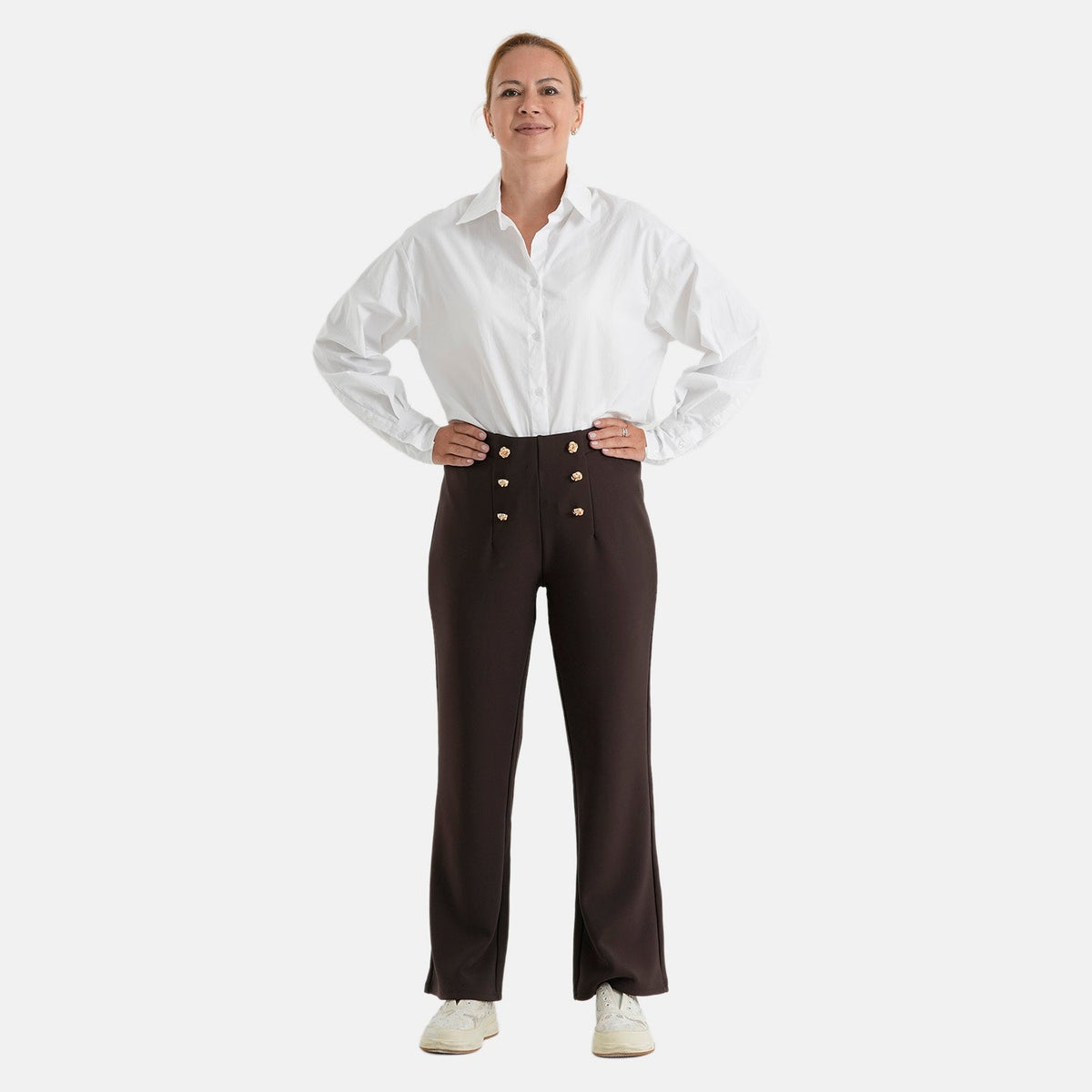 Pantalones de vestir elásticos para mujer con cintura elástica y cierre de botón
