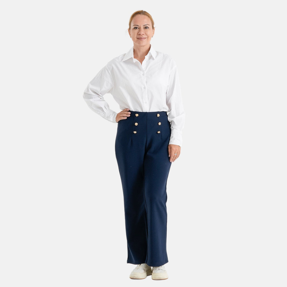 Pantalones de vestir elásticos para mujer con cintura elástica y cierre de botón