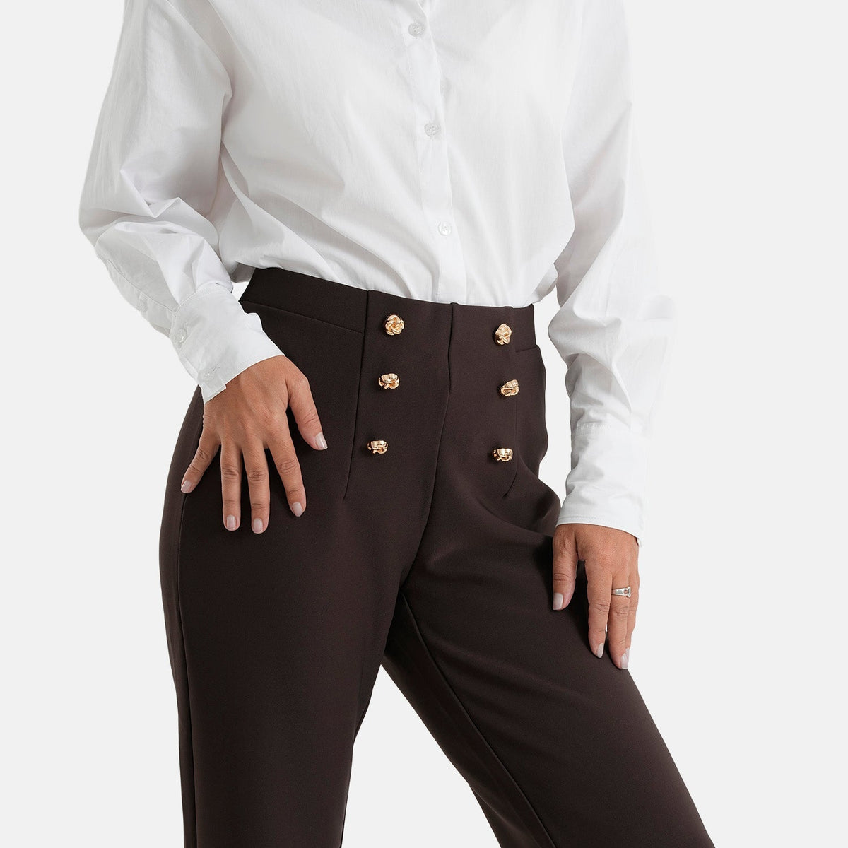 Pantalones de vestir elásticos para mujer con cintura elástica y cierre de botón