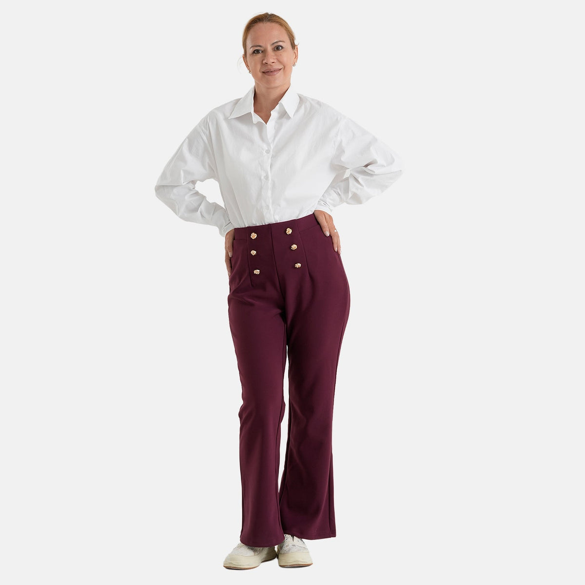 Pantalones de vestir elásticos para mujer con cintura elástica y cierre de botón