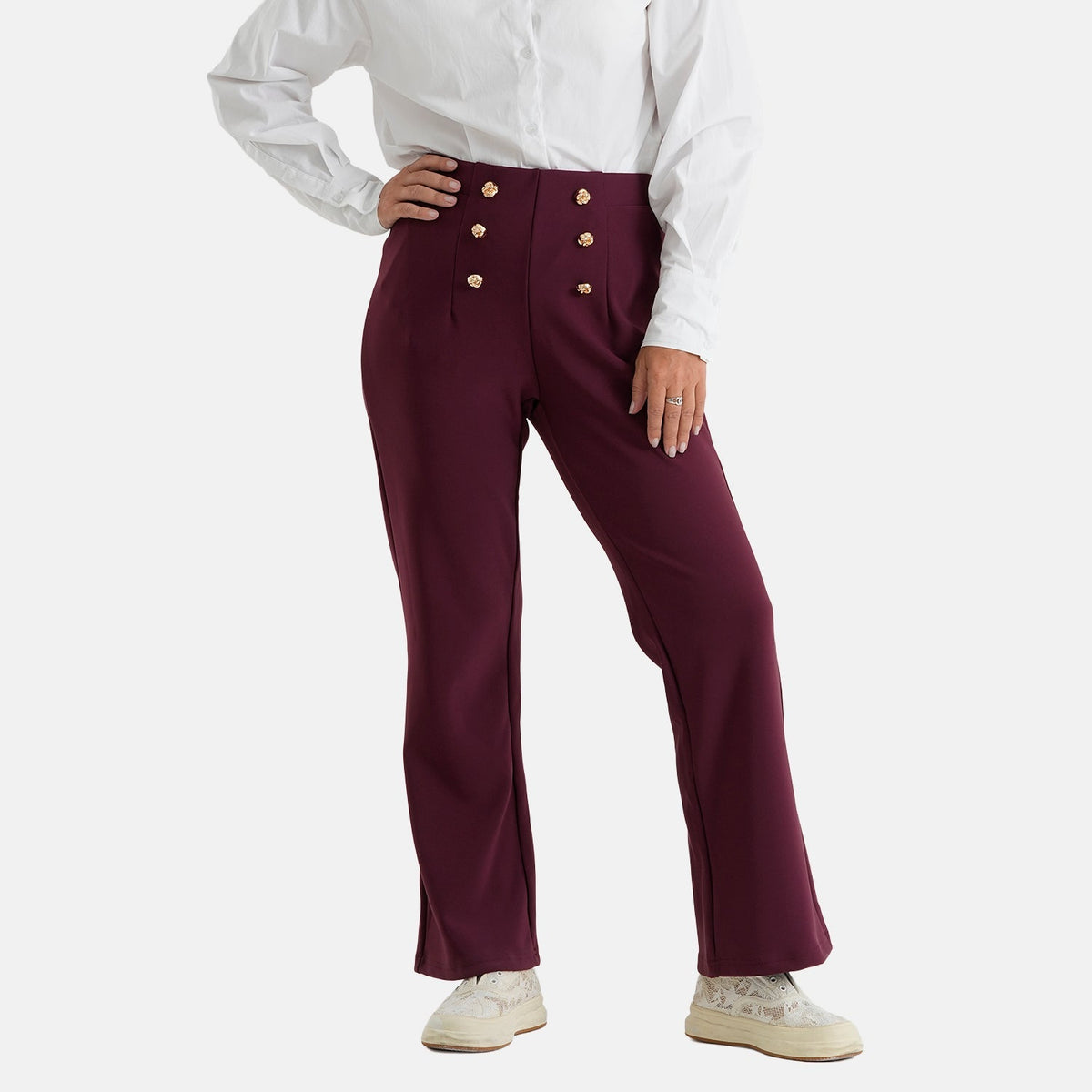Pantalones de vestir elásticos para mujer con cintura elástica y cierre de botón
