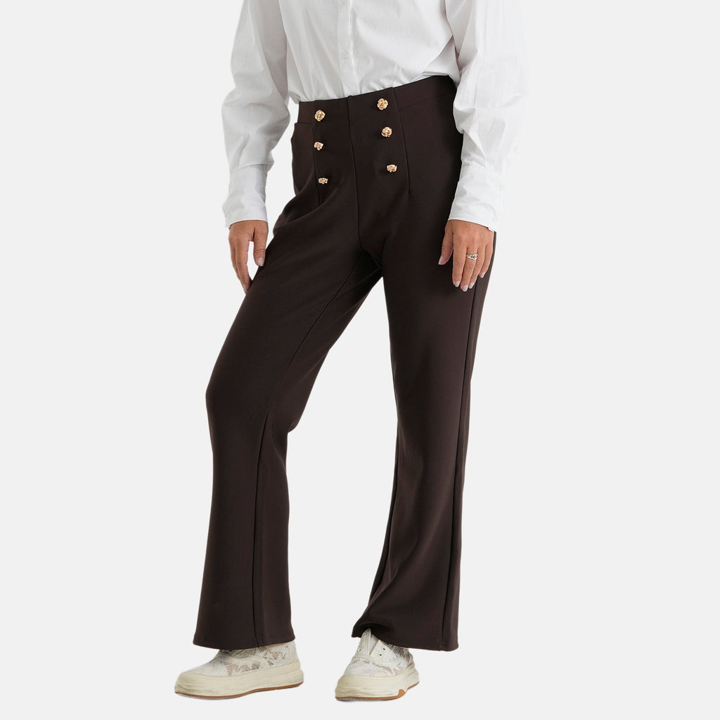 Pantalones de vestir elásticos para mujer con cintura elástica y cierre de botón