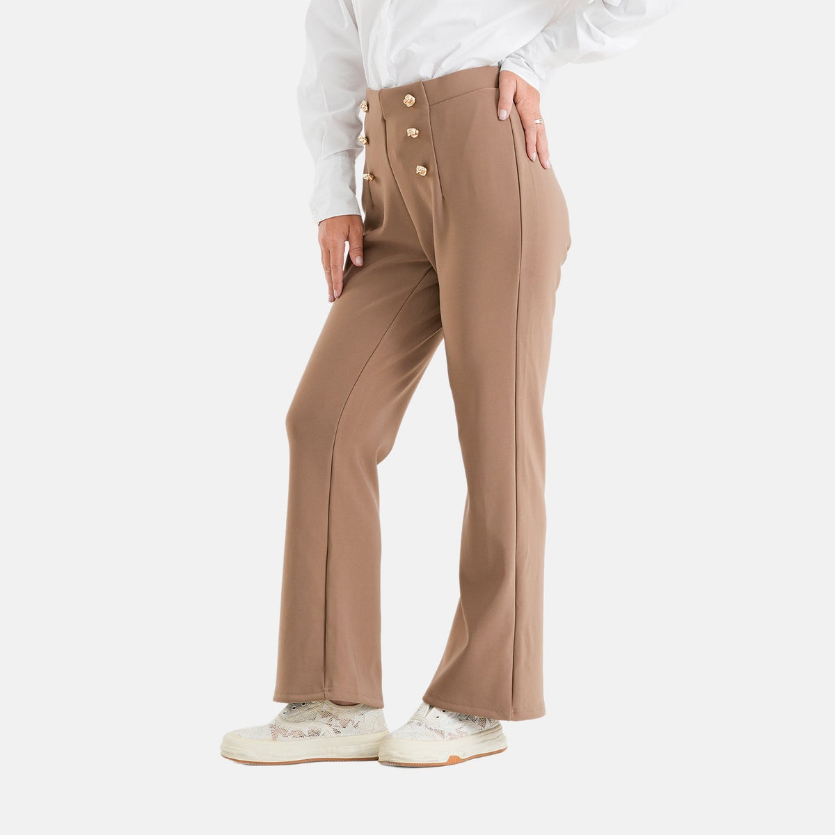 Pantalones de vestir elásticos para mujer con cintura elástica y cierre de botón