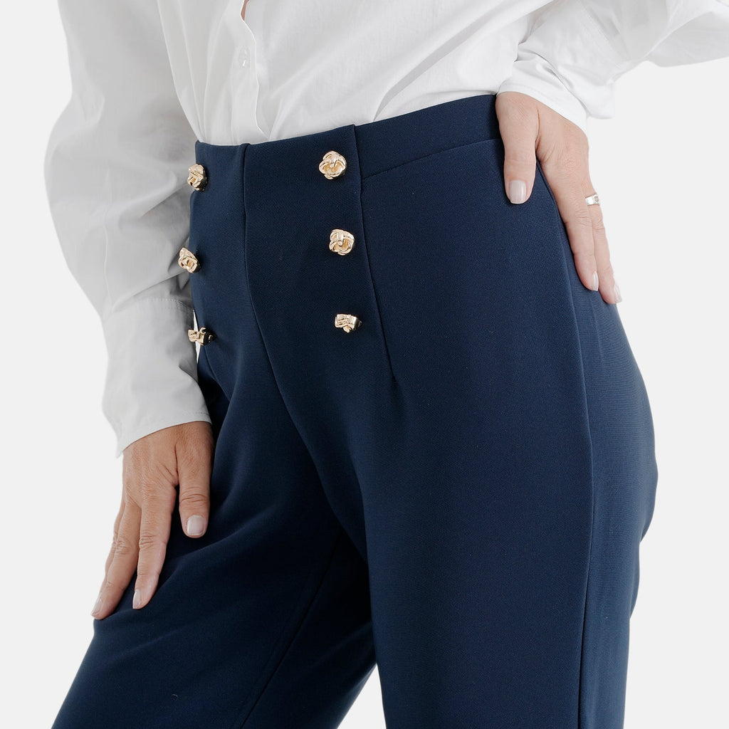 Pantalones de vestir elásticos para mujer con cintura elástica y cierre de botón